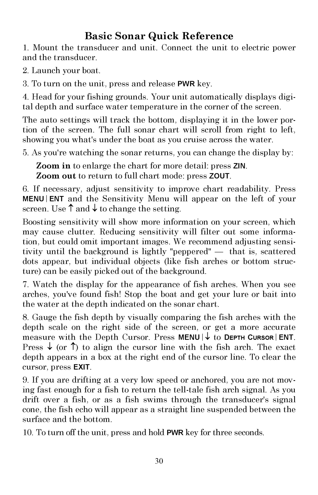 Lowrance electronic Fish Finder manual Basic Sonar Quick Reference 