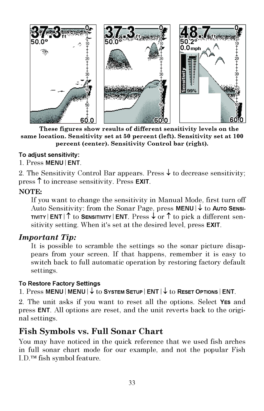 Lowrance electronic Fish Finder manual Fish Symbols vs. Full Sonar Chart, Important Tip 