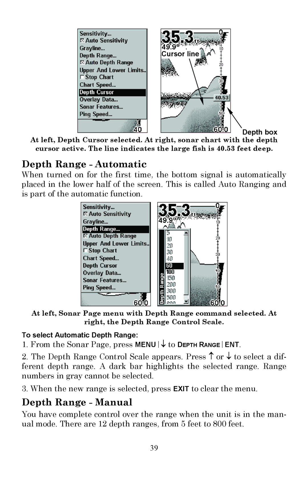 Lowrance electronic Fish Finder manual Depth Range Automatic, Depth Range Manual 
