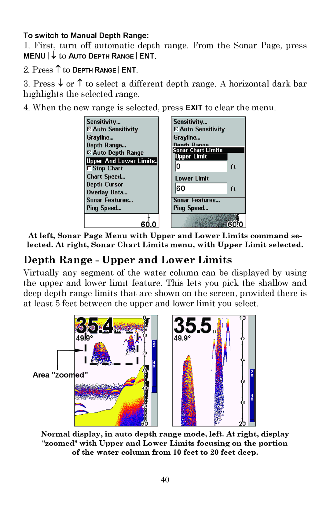 Lowrance electronic Fish Finder manual Depth Range Upper and Lower Limits 