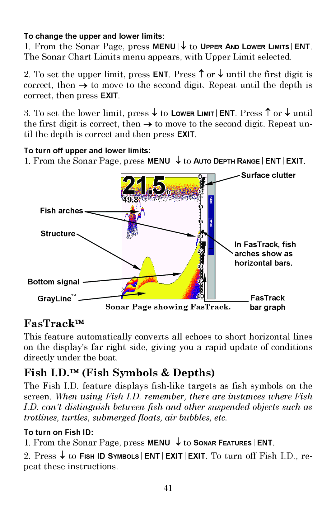 Lowrance electronic Fish Finder manual FasTrack, Fish I.D. Fish Symbols & Depths 