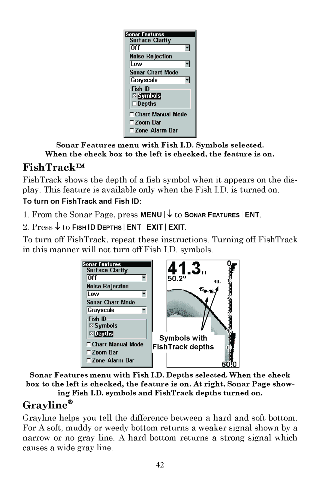 Lowrance electronic Fish Finder manual FishTrack, Grayline→ 