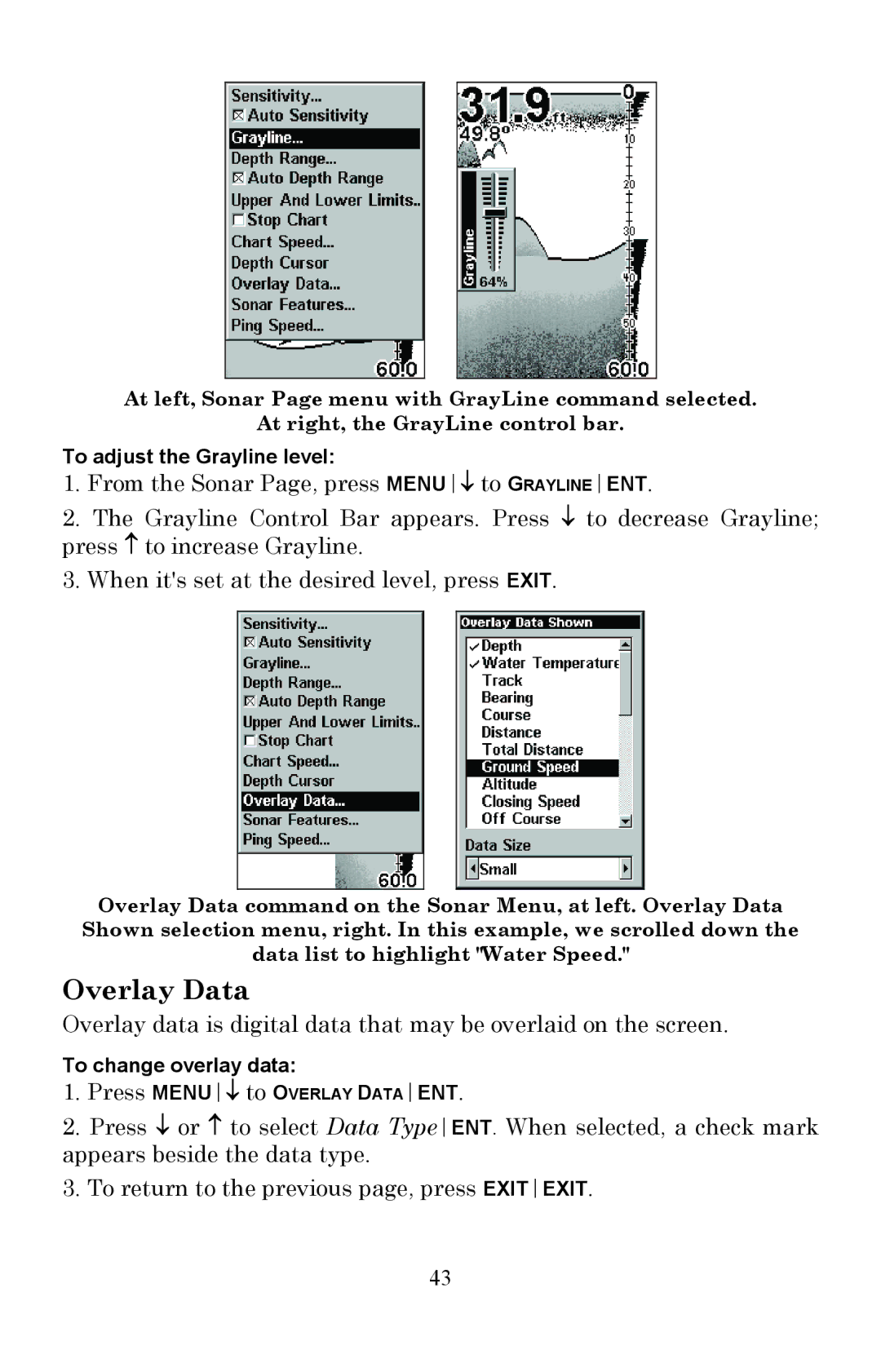 Lowrance electronic Fish Finder manual Overlay Data 