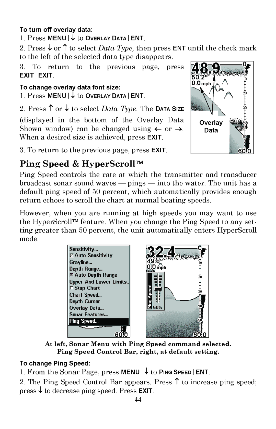 Lowrance electronic Fish Finder manual Ping Speed & HyperScroll 