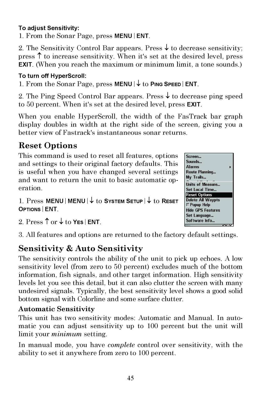 Lowrance electronic Fish Finder manual Reset Options, Sensitivity & Auto Sensitivity, Automatic Sensitivity 