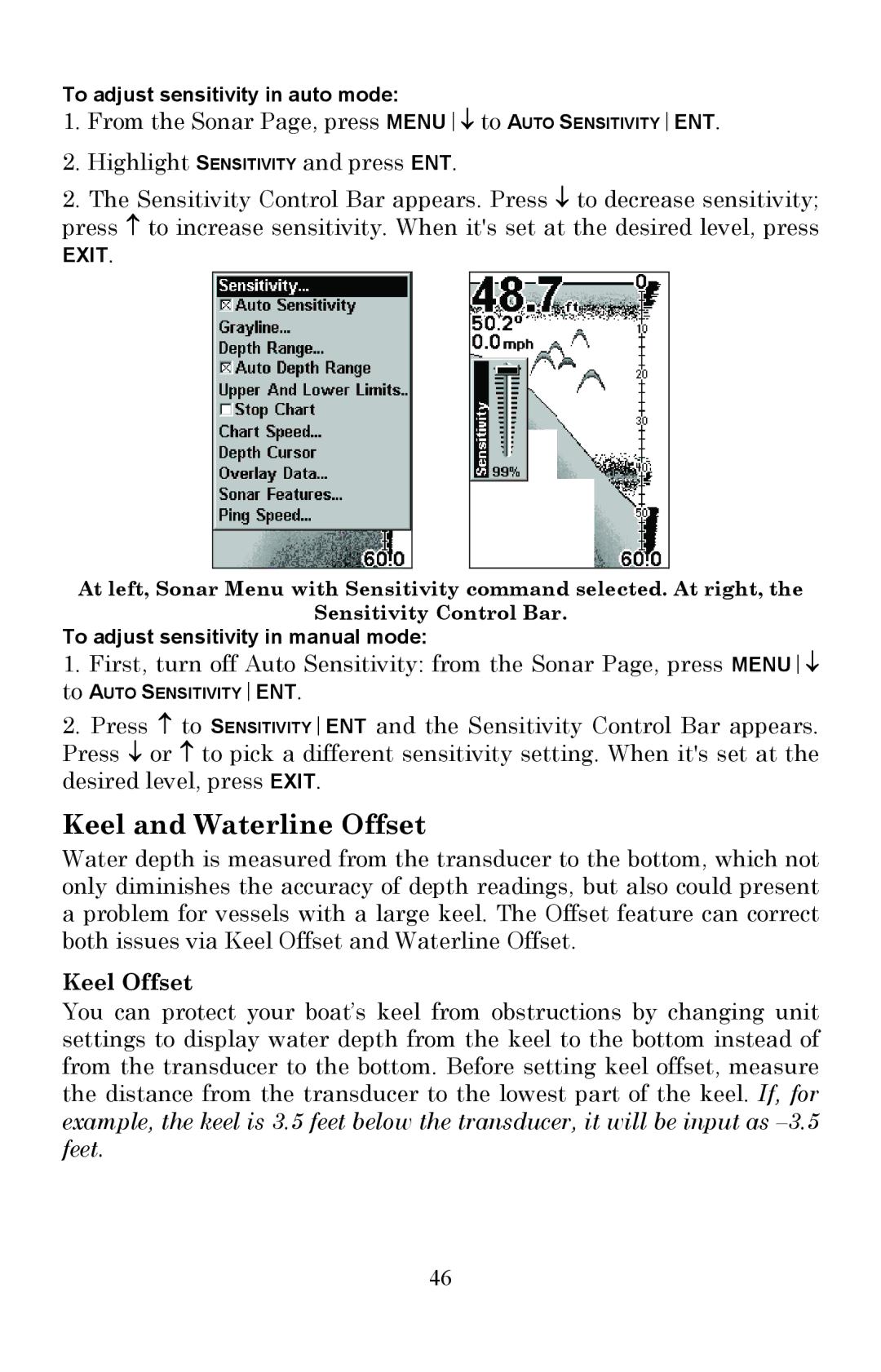 Lowrance electronic Fish Finder manual Keel and Waterline Offset, Keel Offset 