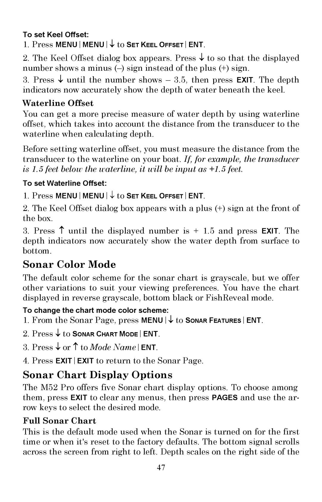 Lowrance electronic Fish Finder manual Sonar Color Mode, Sonar Chart Display Options, Waterline Offset, Full Sonar Chart 