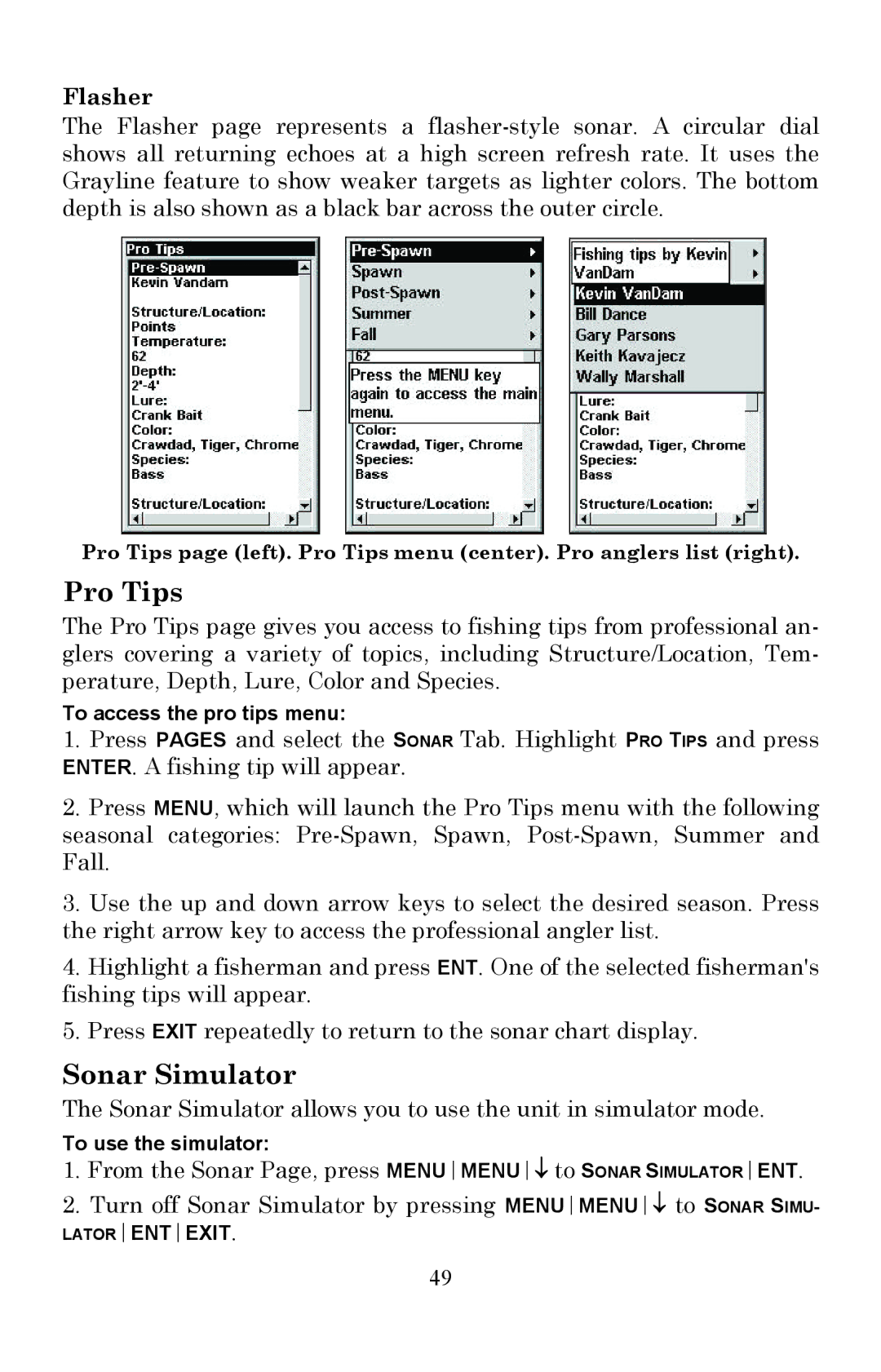 Lowrance electronic Fish Finder manual Pro Tips, Sonar Simulator, Flasher 