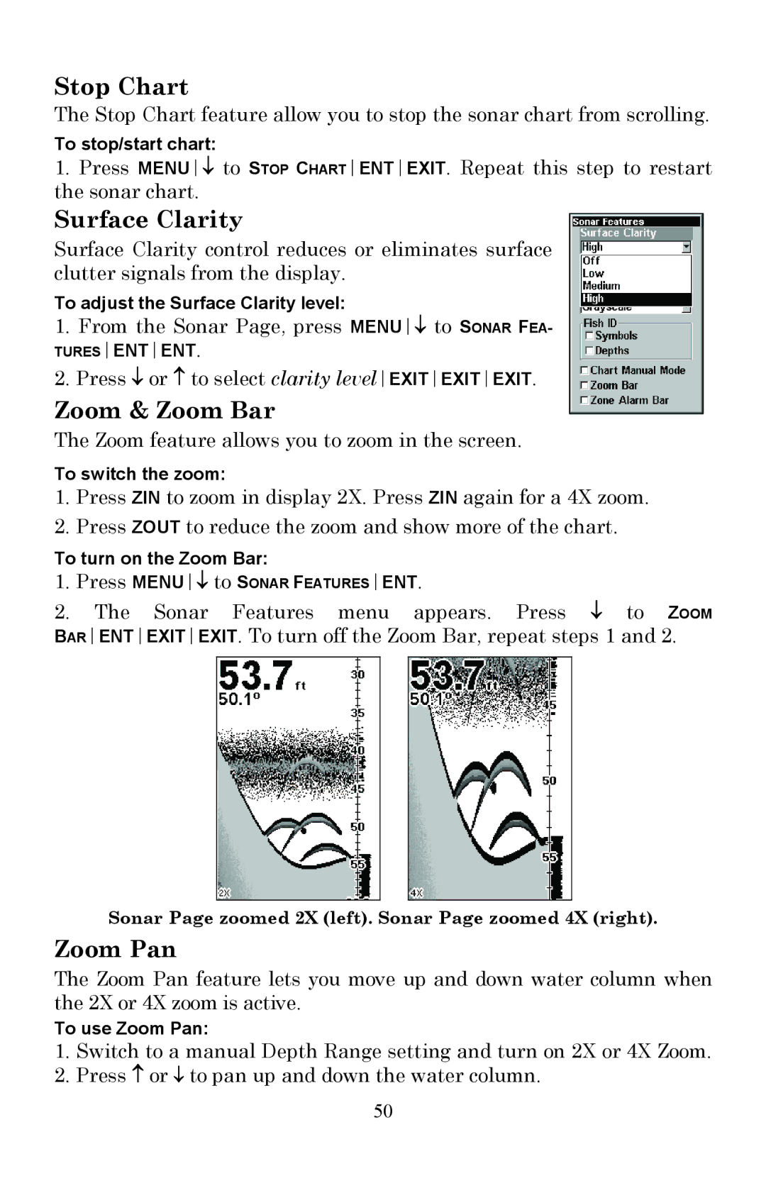 Lowrance electronic Fish Finder manual Stop Chart, Surface Clarity, Zoom & Zoom Bar, Zoom Pan 