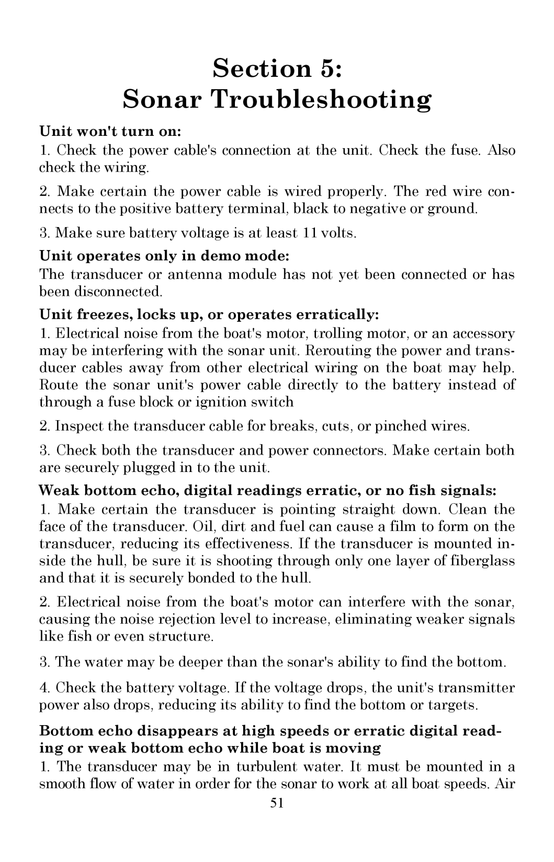 Lowrance electronic Fish Finder manual Unit wont turn on, Unit operates only in demo mode 