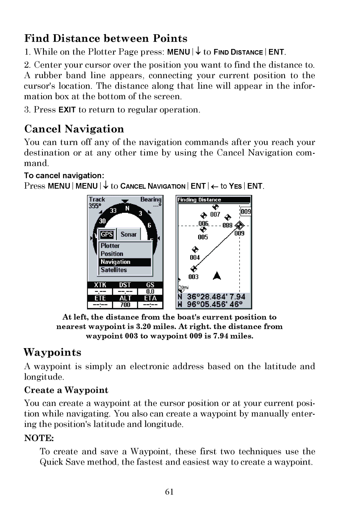 Lowrance electronic Fish Finder manual Find Distance between Points, Cancel Navigation, Waypoints, Create a Waypoint 