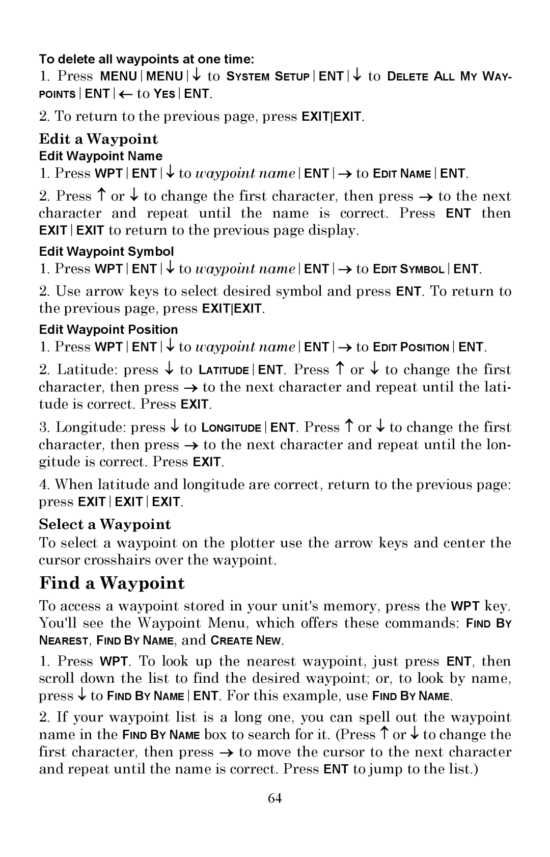 Lowrance electronic Fish Finder manual Find a Waypoint, Edit a Waypoint, Select a Waypoint 