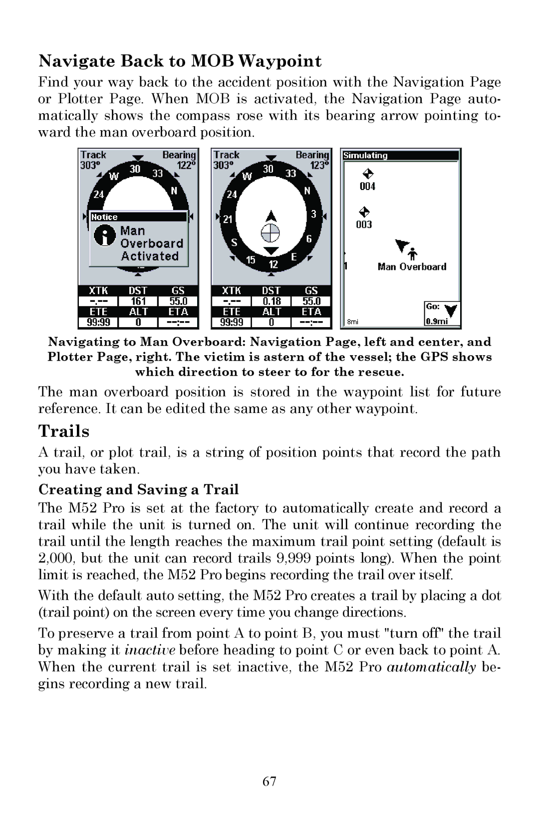 Lowrance electronic Fish Finder manual Navigate Back to MOB Waypoint, Trails, Creating and Saving a Trail 