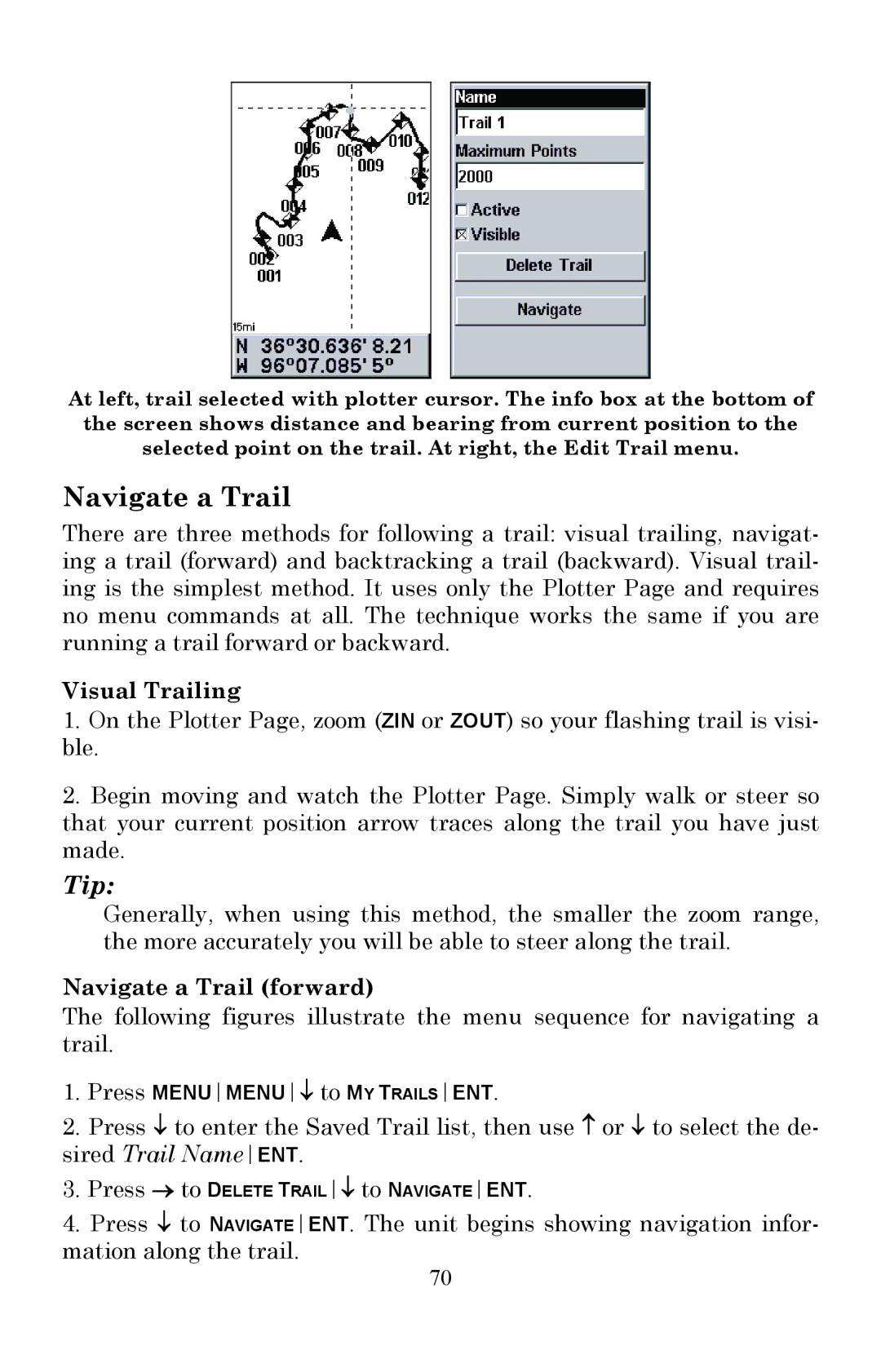 Lowrance electronic Fish Finder manual Visual Trailing, Navigate a Trail forward 