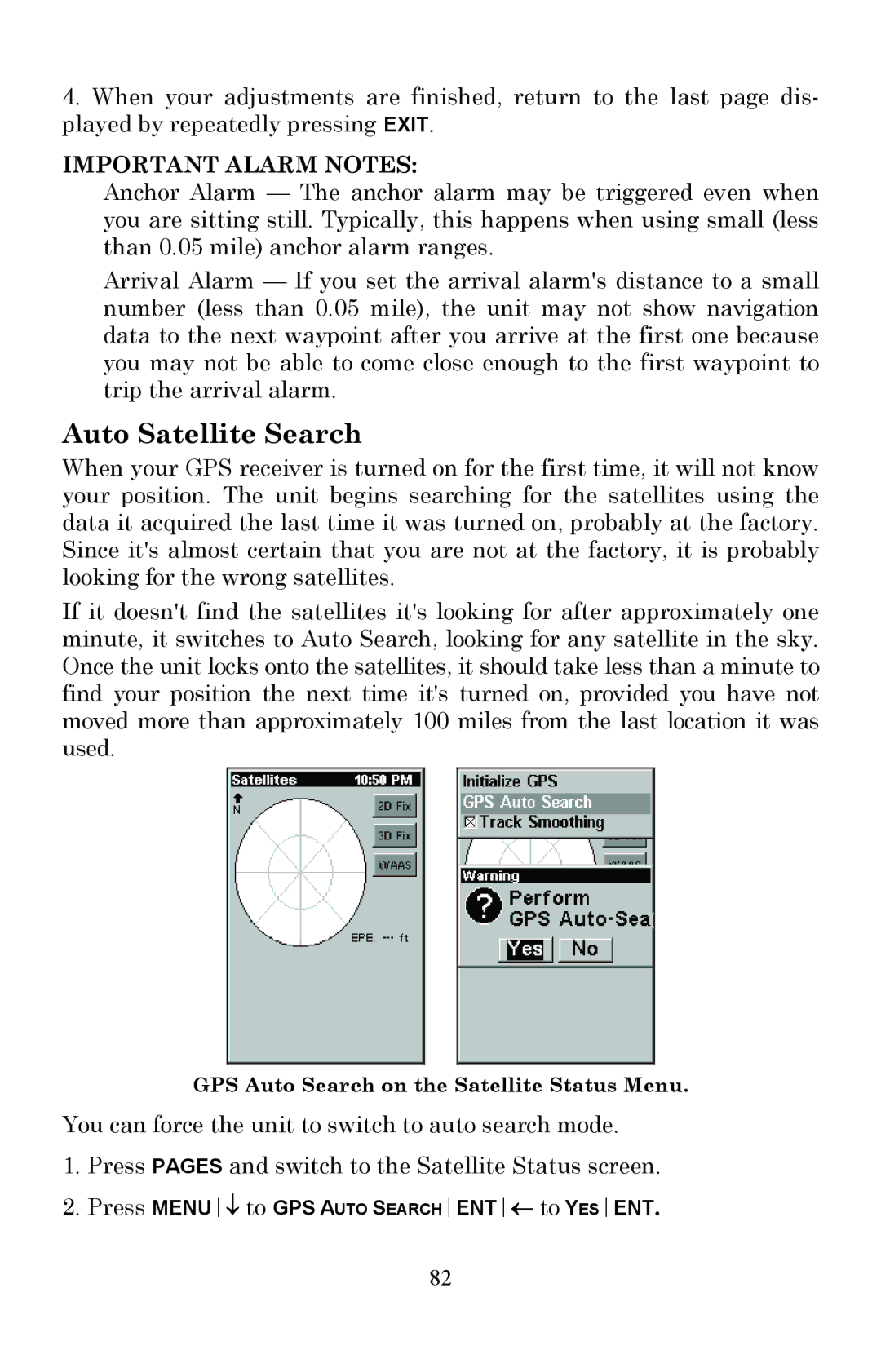 Lowrance electronic Fish Finder manual Auto Satellite Search, Important Alarm Notes 