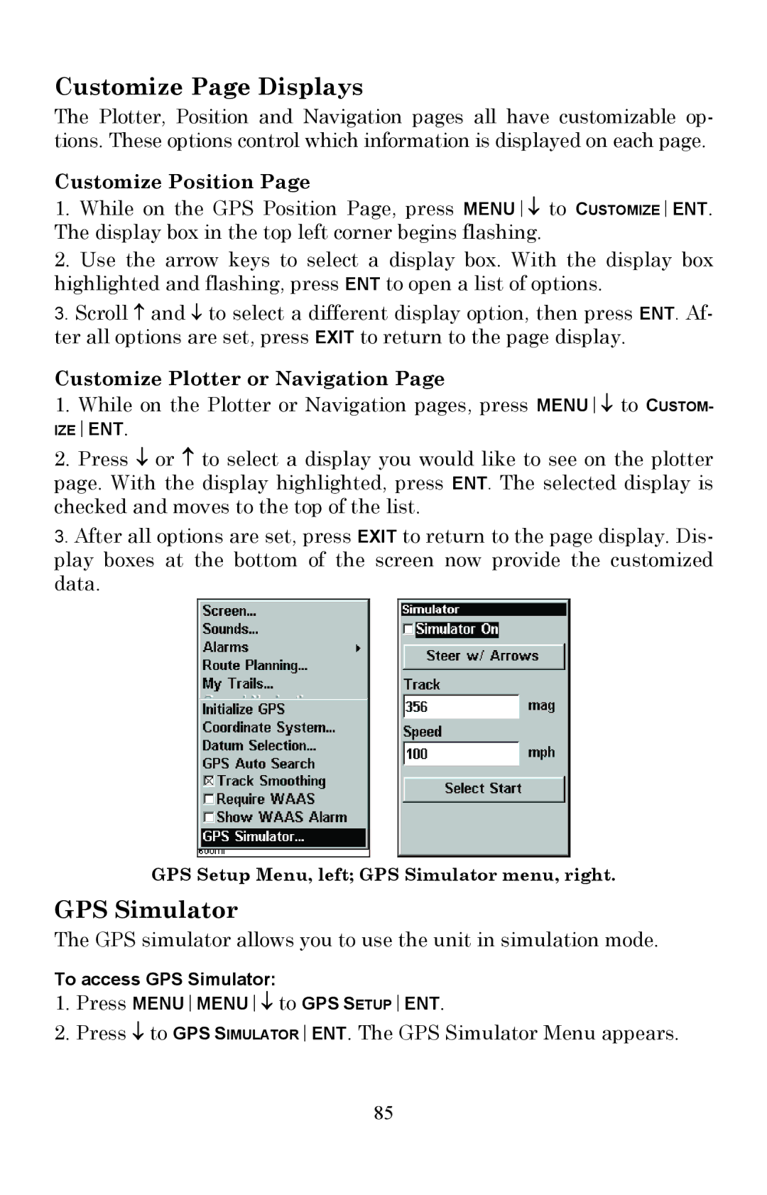 Lowrance electronic Fish Finder manual Customize Page Displays, GPS Simulator, Customize Position 