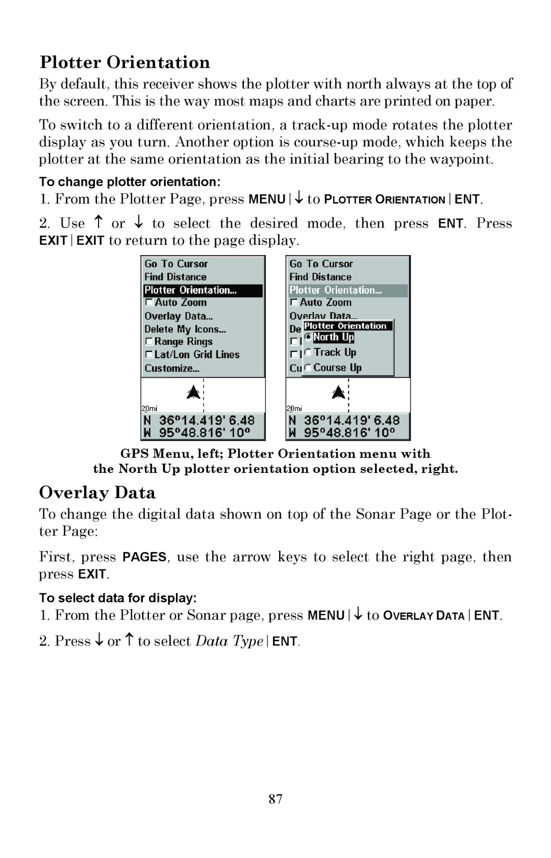 Lowrance electronic Fish Finder manual Plotter Orientation, Overlay Data 