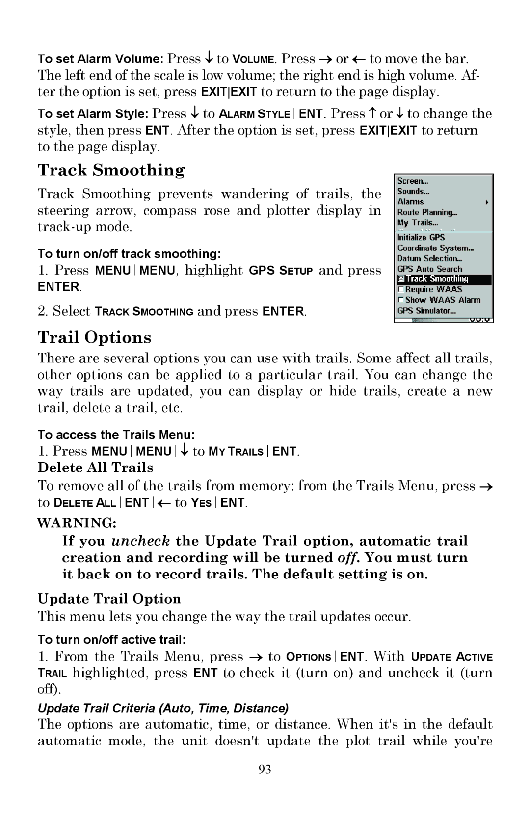 Lowrance electronic Fish Finder manual Track Smoothing, Trail Options, Delete All Trails 