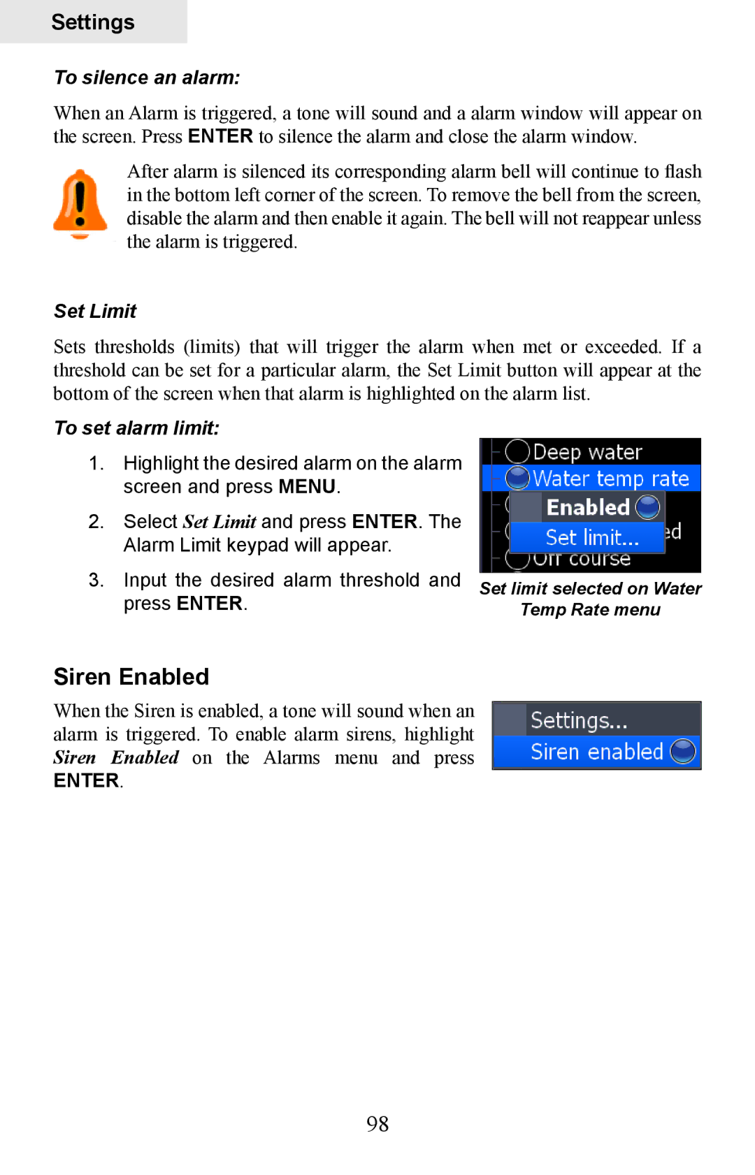 Lowrance electronic HDS-7, HDS-5 manual Siren Enabled, To silence an alarm, Set Limit, To set alarm limit 
