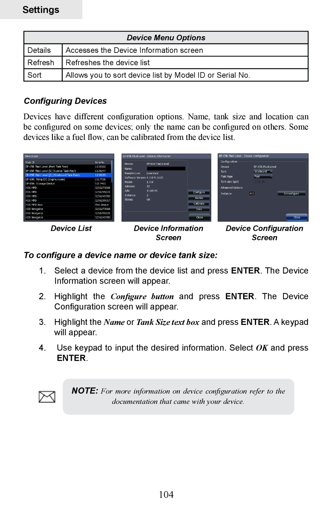 Lowrance electronic HDS-7, HDS-5 manual 104, Configuring Devices, To configure a device name or device tank size 