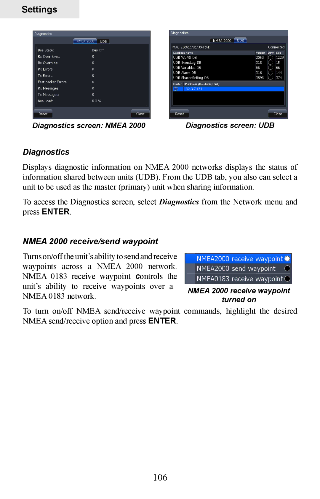 Lowrance electronic HDS-7, HDS-5 manual 106, Diagnostics, Nmea 2000 receive/send waypoint 