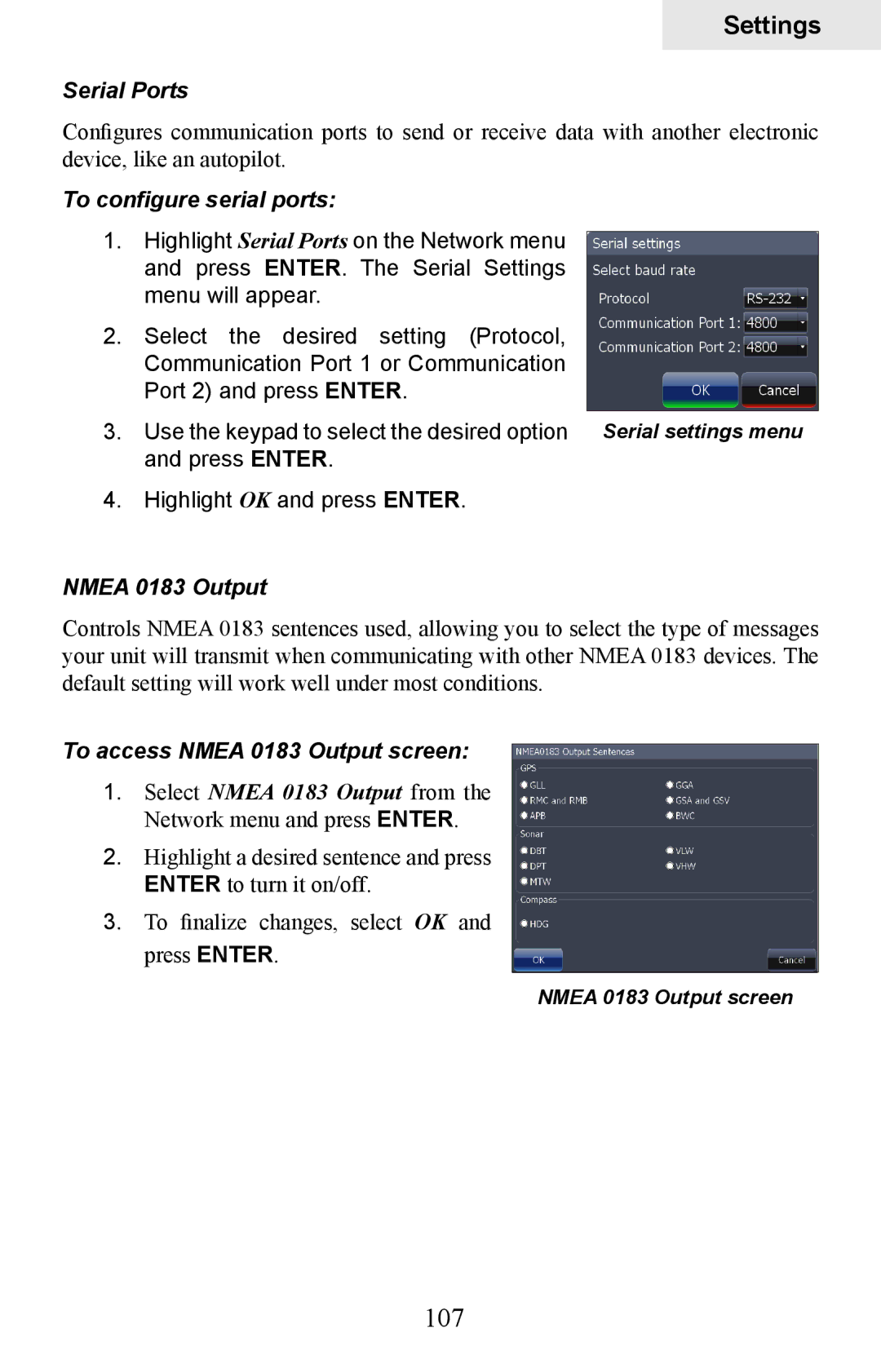 Lowrance electronic HDS-5, HDS-7 manual 107, Serial Ports, To configure serial ports, Nmea 0183 Output 