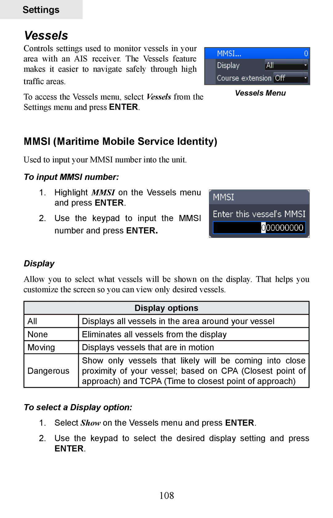 Lowrance electronic HDS-7, HDS-5 manual Vessels, Mmsi Maritime Mobile Service Identity, 108 