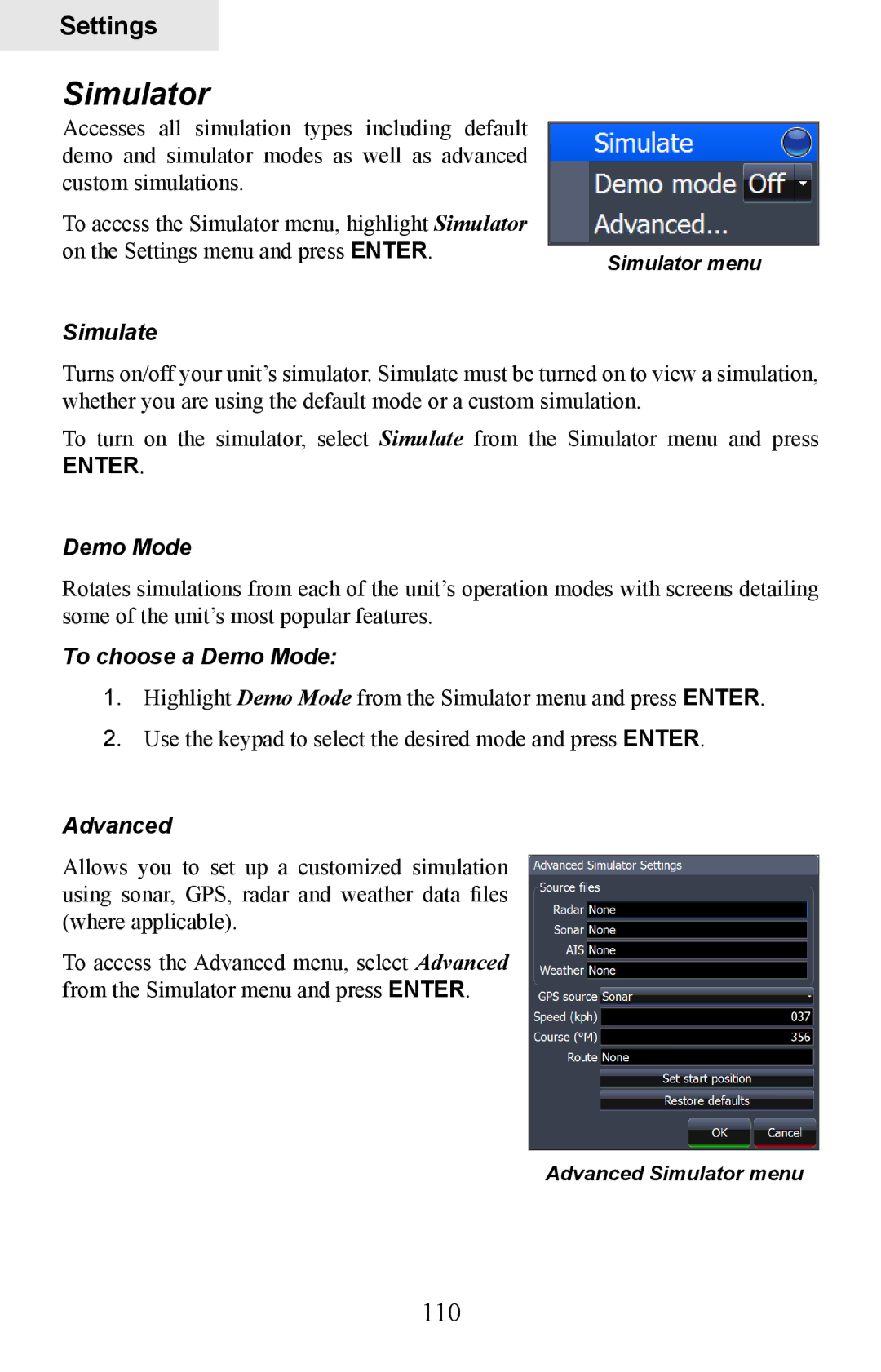 Lowrance electronic HDS-7, HDS-5 manual Simulator, 110 