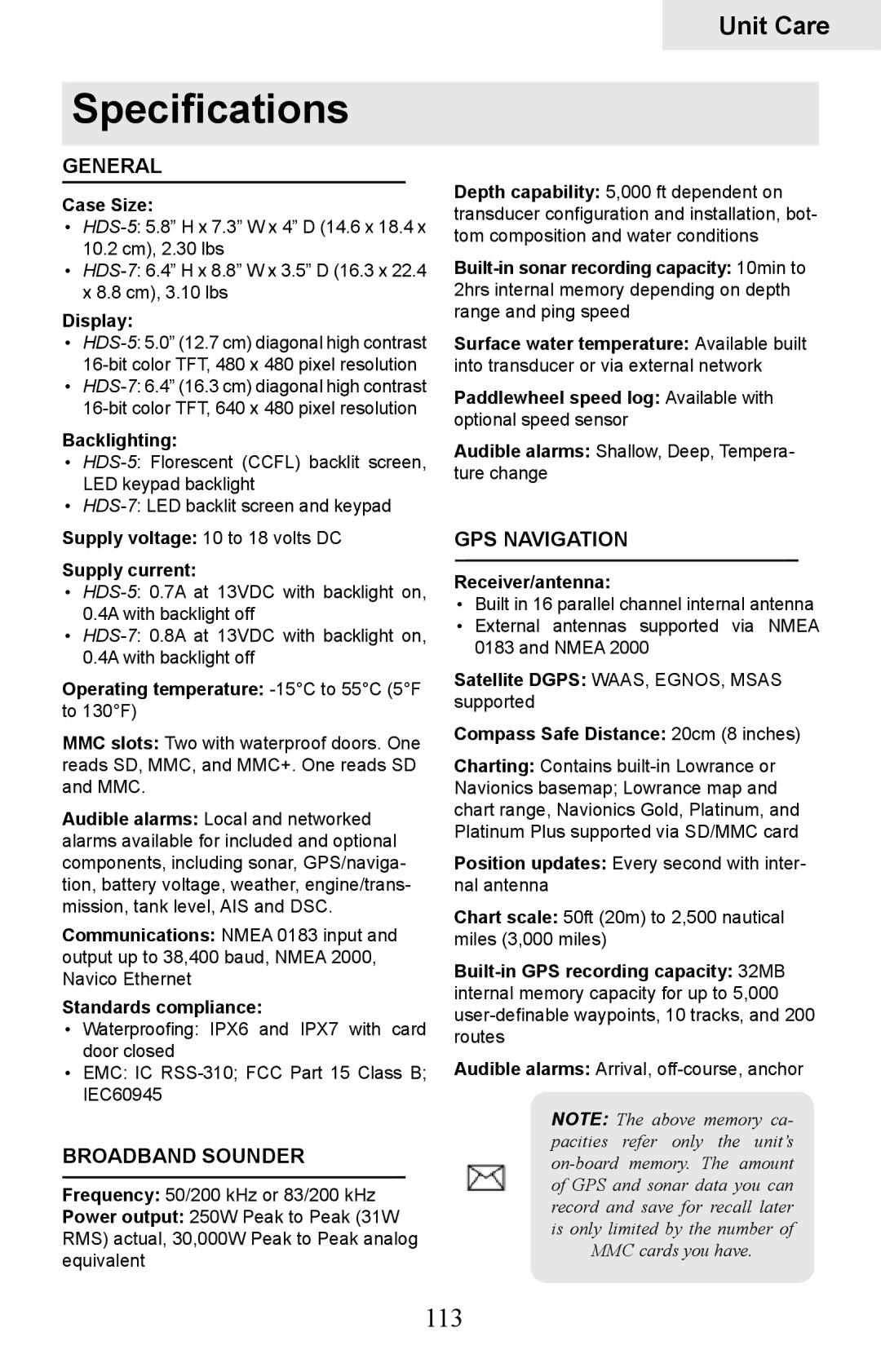 Lowrance electronic HDS-5, HDS-7 manual Specifications, 113 