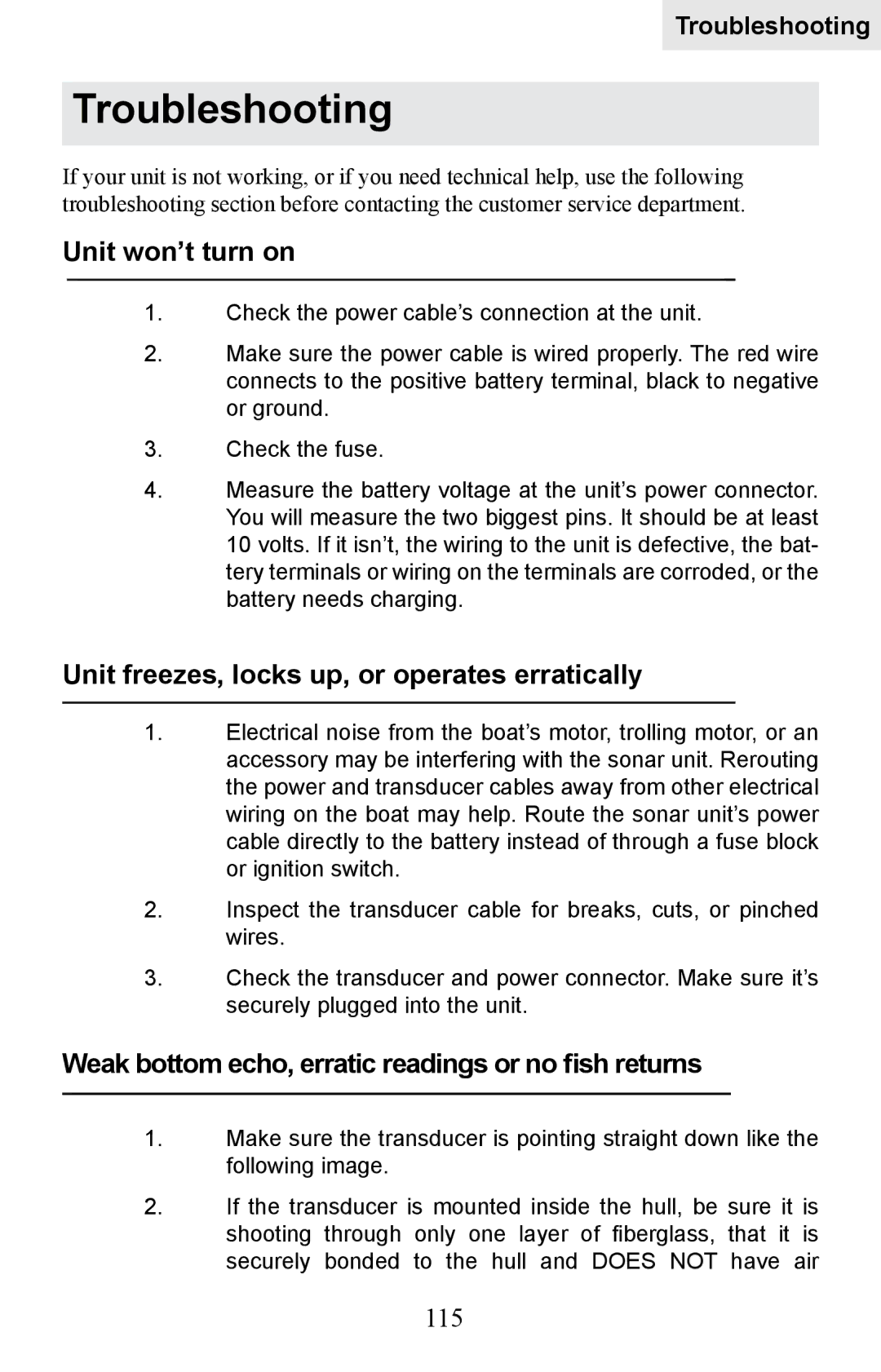Lowrance electronic HDS-5, HDS-7 Troubleshooting, Unit won’t turn on, Unit freezes, locks up, or operates erratically, 115 