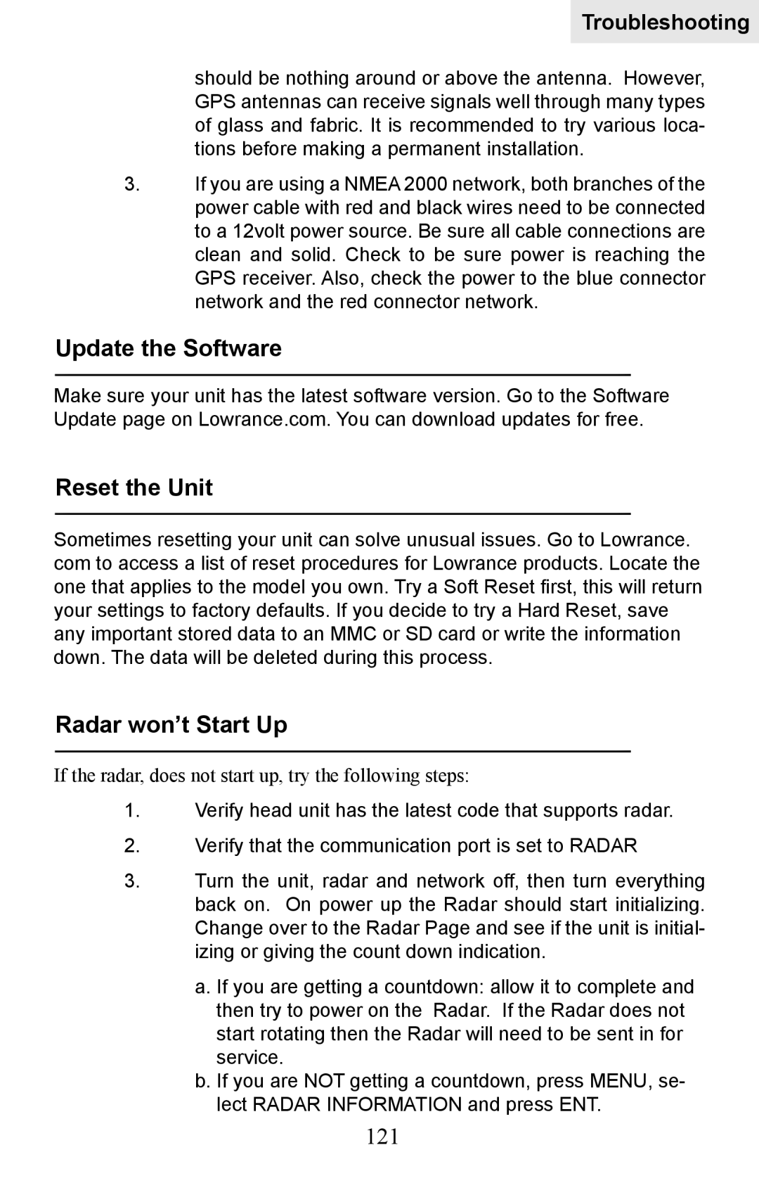 Lowrance electronic HDS-5, HDS-7 manual Update the Software, Reset the Unit, Radar won’t Start Up, 121 