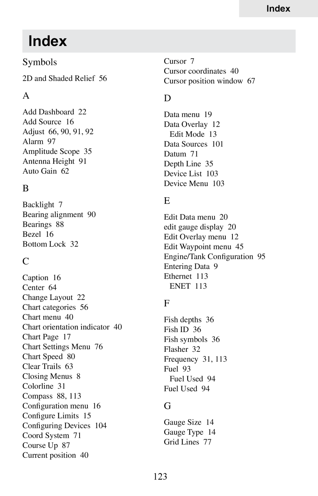 Lowrance electronic HDS-5, HDS-7 manual Index, Symbols, 123 
