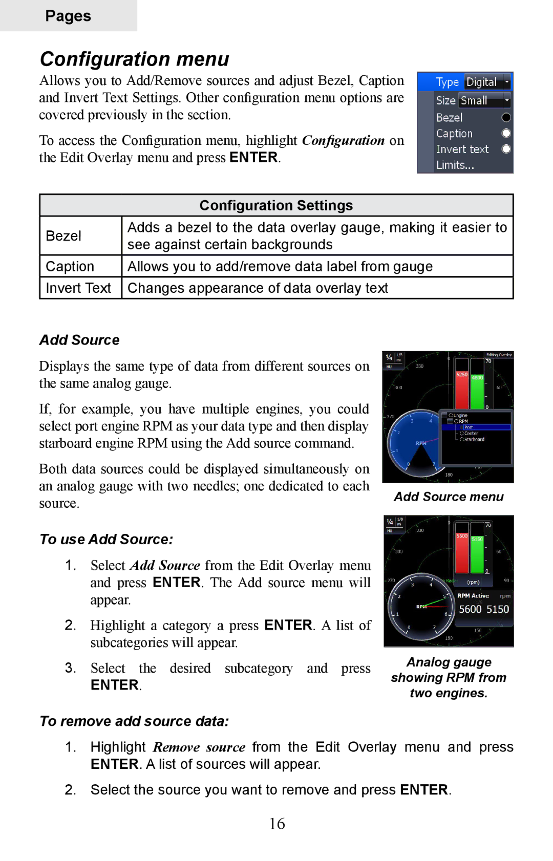 Lowrance electronic HDS-7, HDS-5 manual Configuration menu, To use Add Source, To remove add source data 