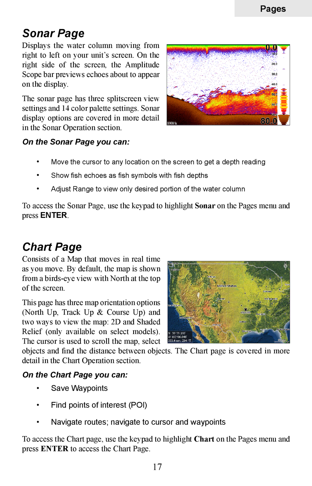 Lowrance electronic HDS-5, HDS-7 manual On the Sonar Page you can, On the Chart Page you can 