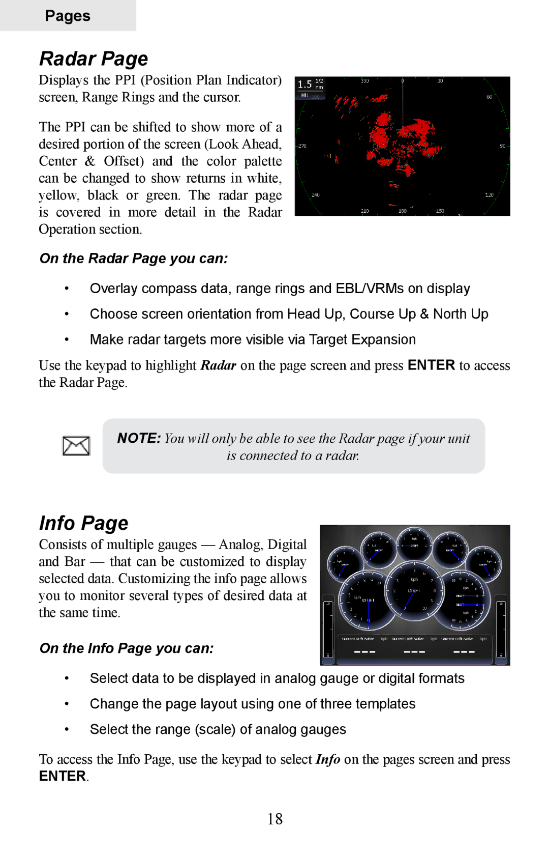 Lowrance electronic HDS-7, HDS-5 manual On the Radar Page you can, On the Info Page you can 