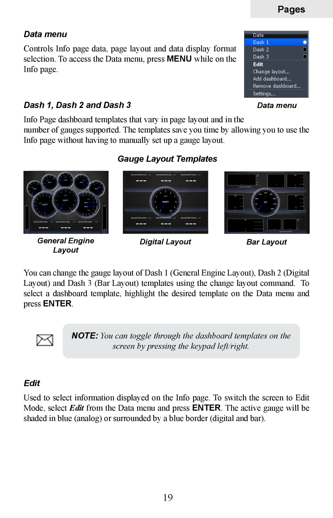 Lowrance electronic HDS-5, HDS-7 manual Data menu, Dash 1, Dash 2 and Dash, Gauge Layout Templates, Edit 