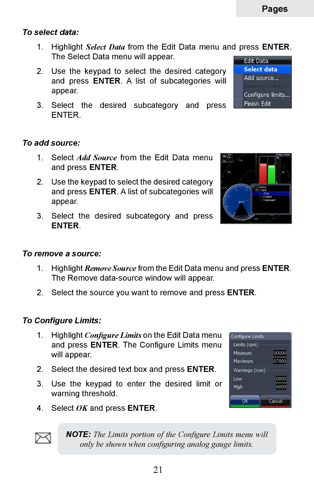 Lowrance electronic HDS-5, HDS-7 manual To select data, To add source, To remove a source 