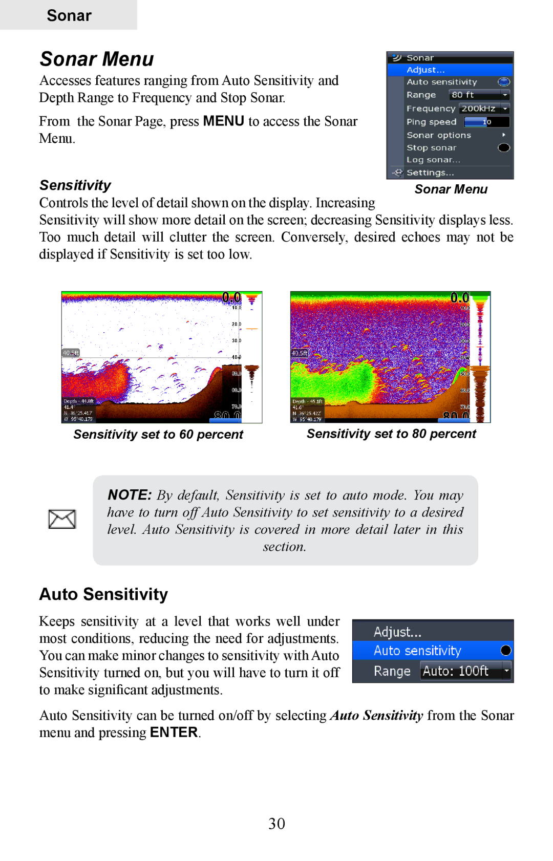 Lowrance electronic HDS-7, HDS-5 manual Sonar Menu, Auto Sensitivity 