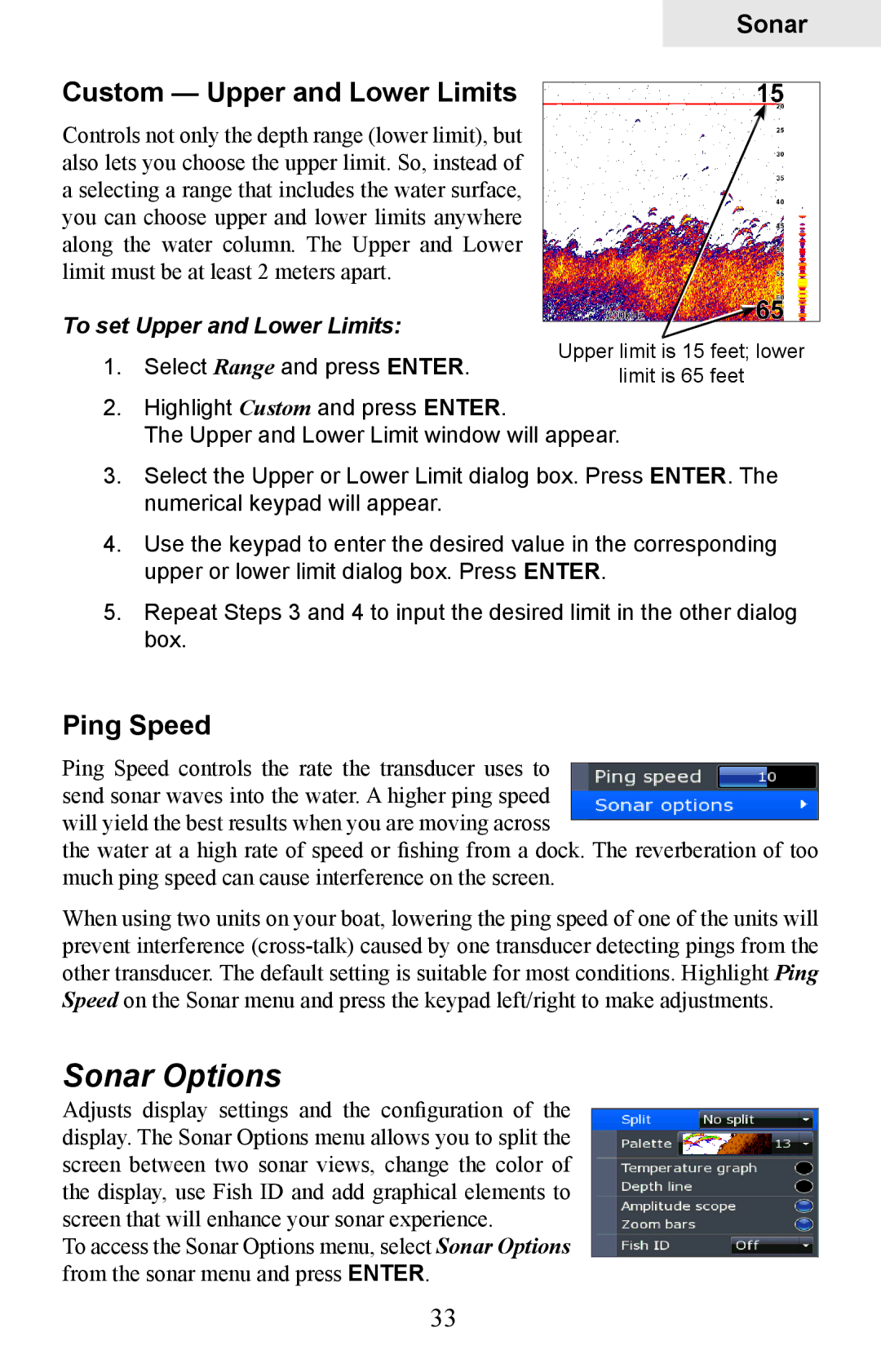 Lowrance electronic HDS-5, HDS-7 Sonar Options, Custom Upper and Lower Limits, Ping Speed, To set Upper and Lower Limits 