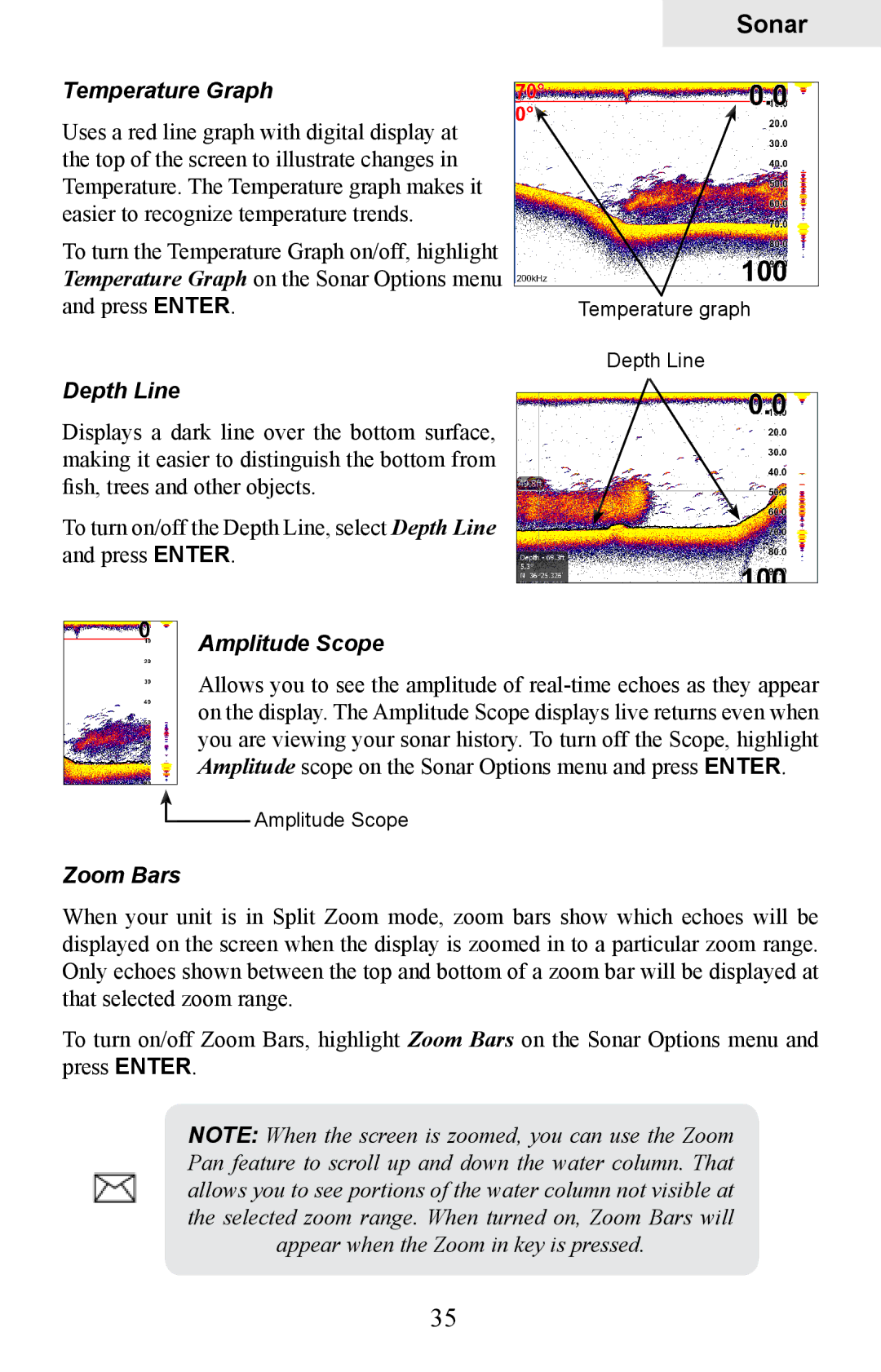 Lowrance electronic HDS-5, HDS-7 manual Temperature Graph, Depth Line, Amplitude Scope, Zoom Bars 