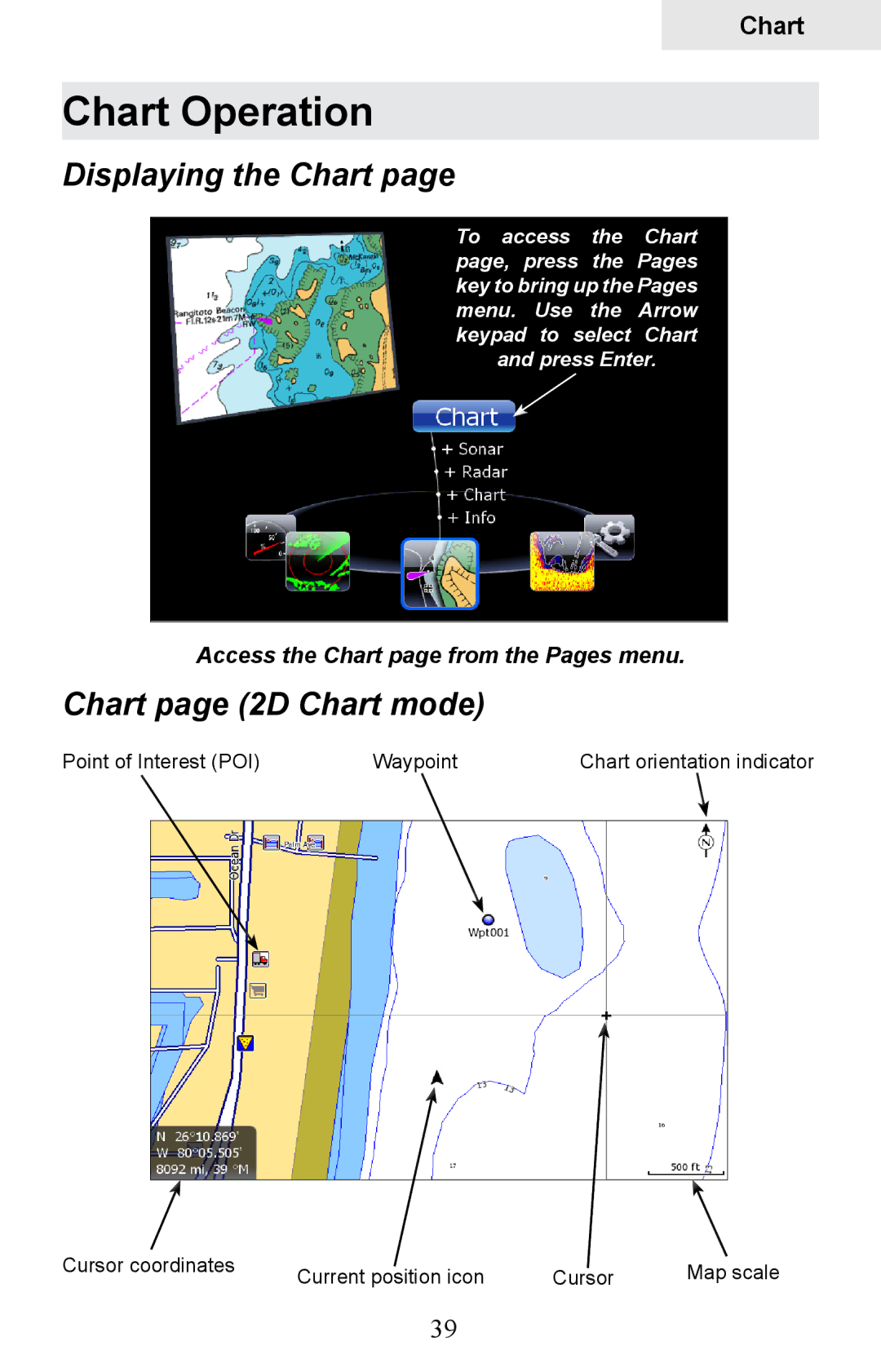 Lowrance electronic HDS-5, HDS-7 manual Chart Operation, Displaying the Chart, Chart page 2D Chart mode 