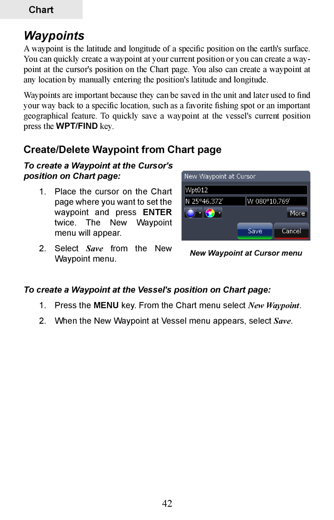 Lowrance electronic HDS-7, HDS-5 manual Waypoints, Create/Delete Waypoint from Chart 