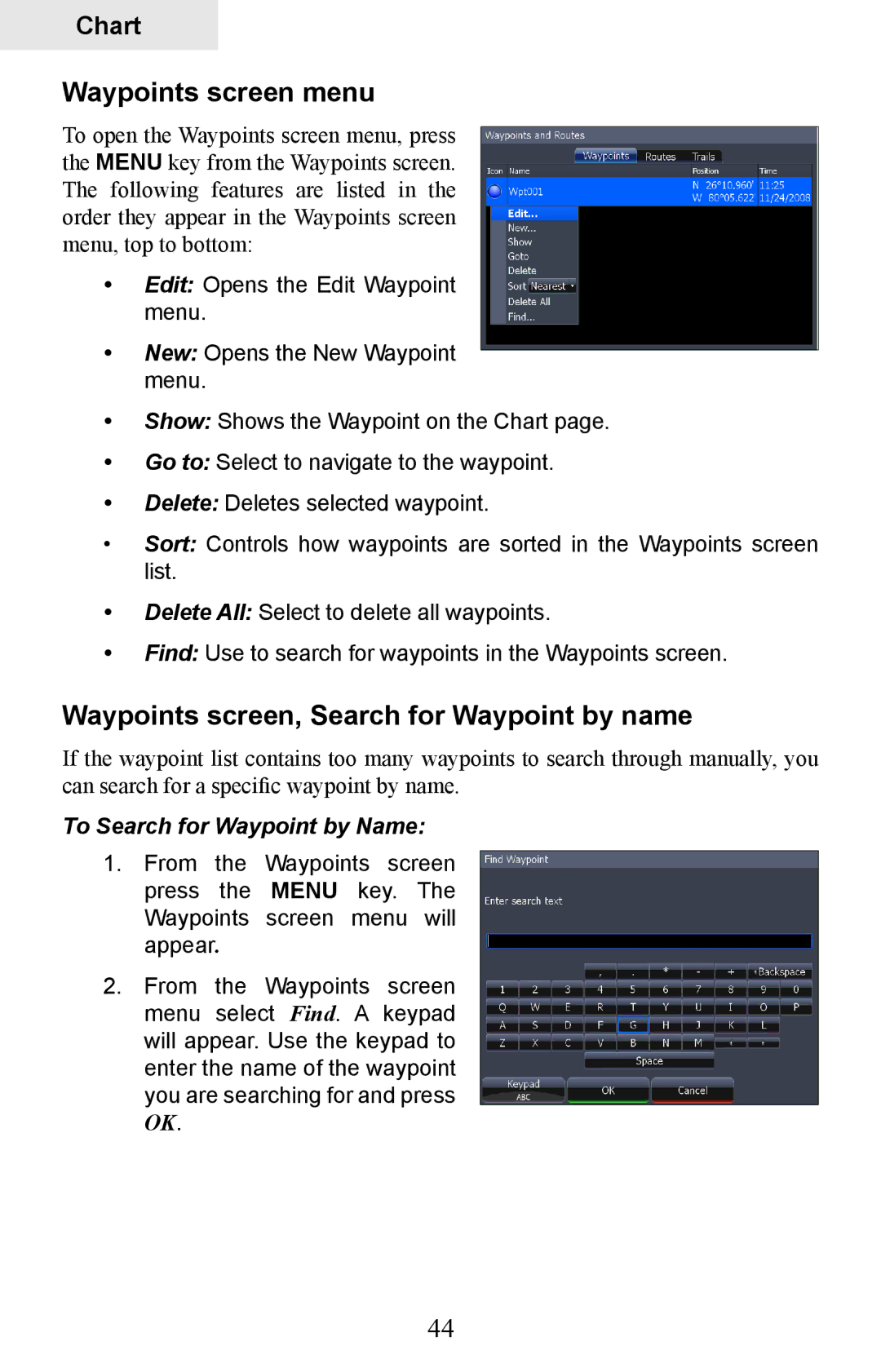 Lowrance electronic HDS-7, HDS-5 manual Waypoints screen menu, Waypoints screen, Search for Waypoint by name 