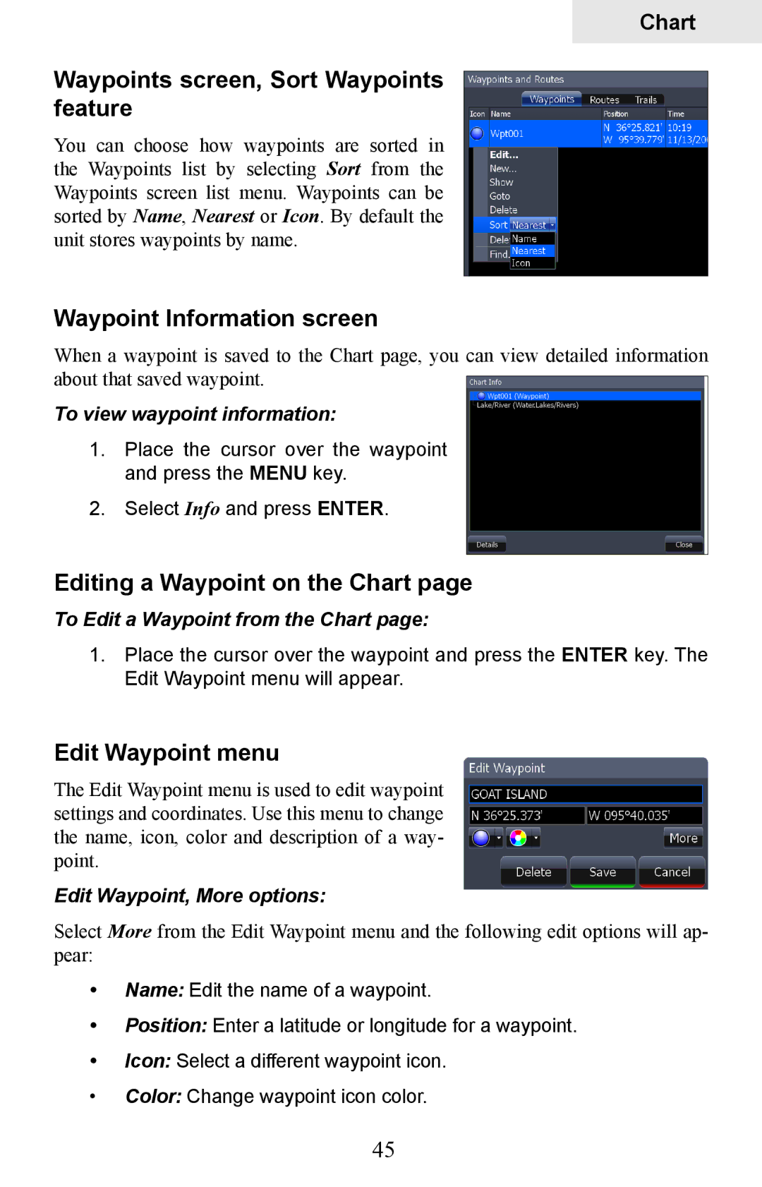 Lowrance electronic HDS-5, HDS-7 Waypoints screen, Sort Waypoints feature, Waypoint Information screen, Edit Waypoint menu 