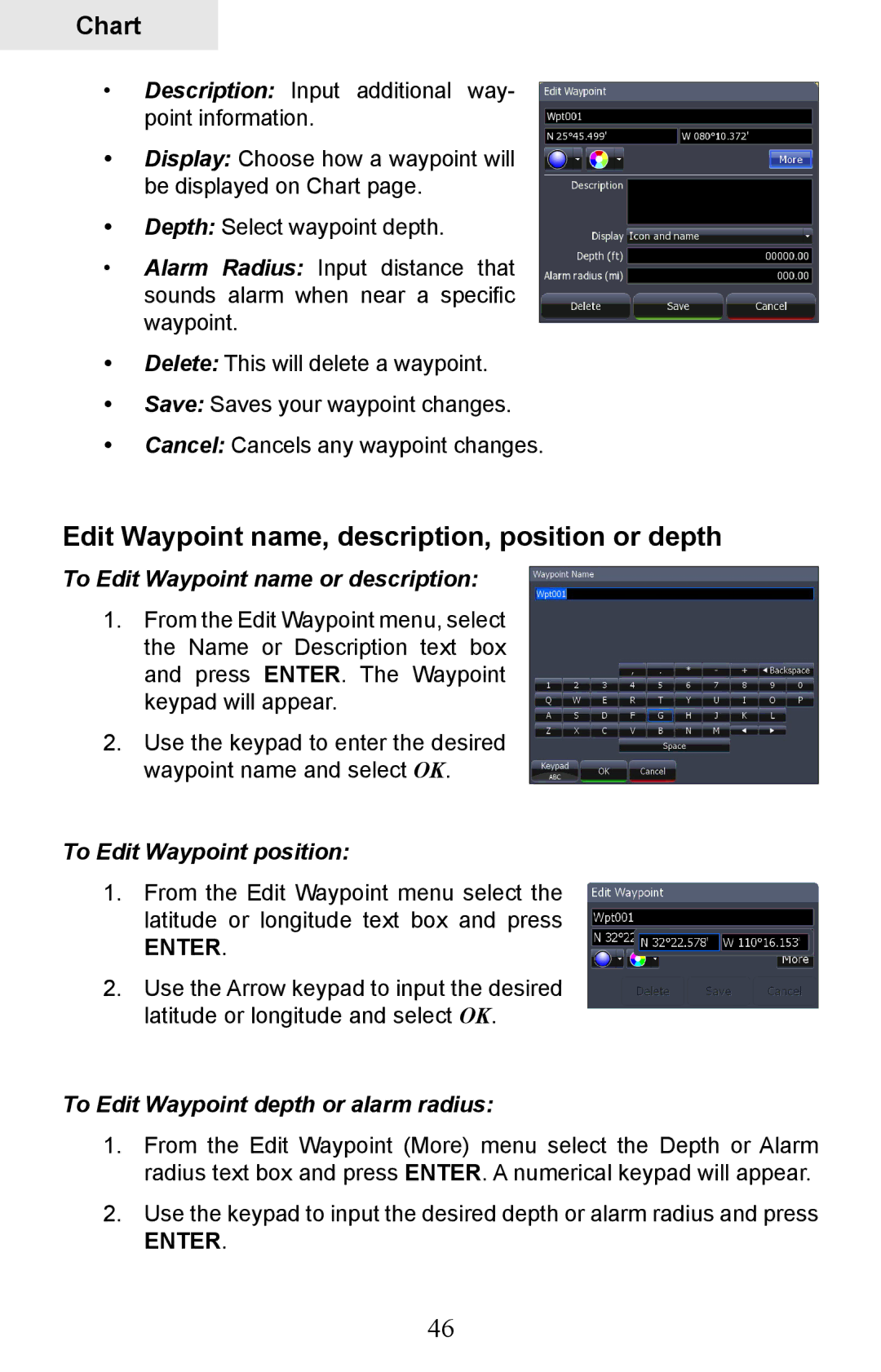 Lowrance electronic HDS-7, HDS-5 Edit Waypoint name, description, position or depth, To Edit Waypoint name or description 