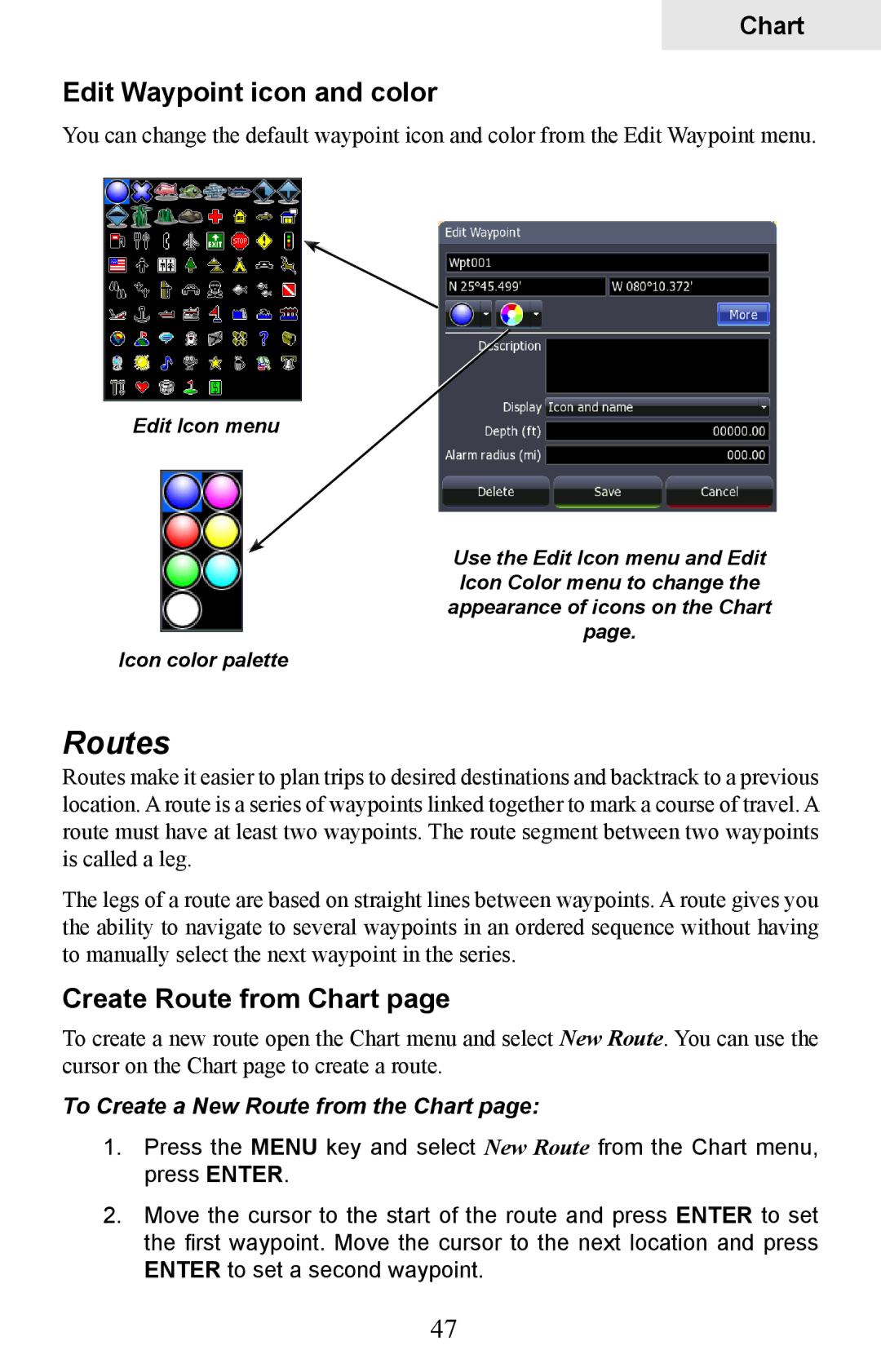Lowrance electronic HDS-5, HDS-7 manual Routes, Edit Waypoint icon and color, Create Route from Chart 