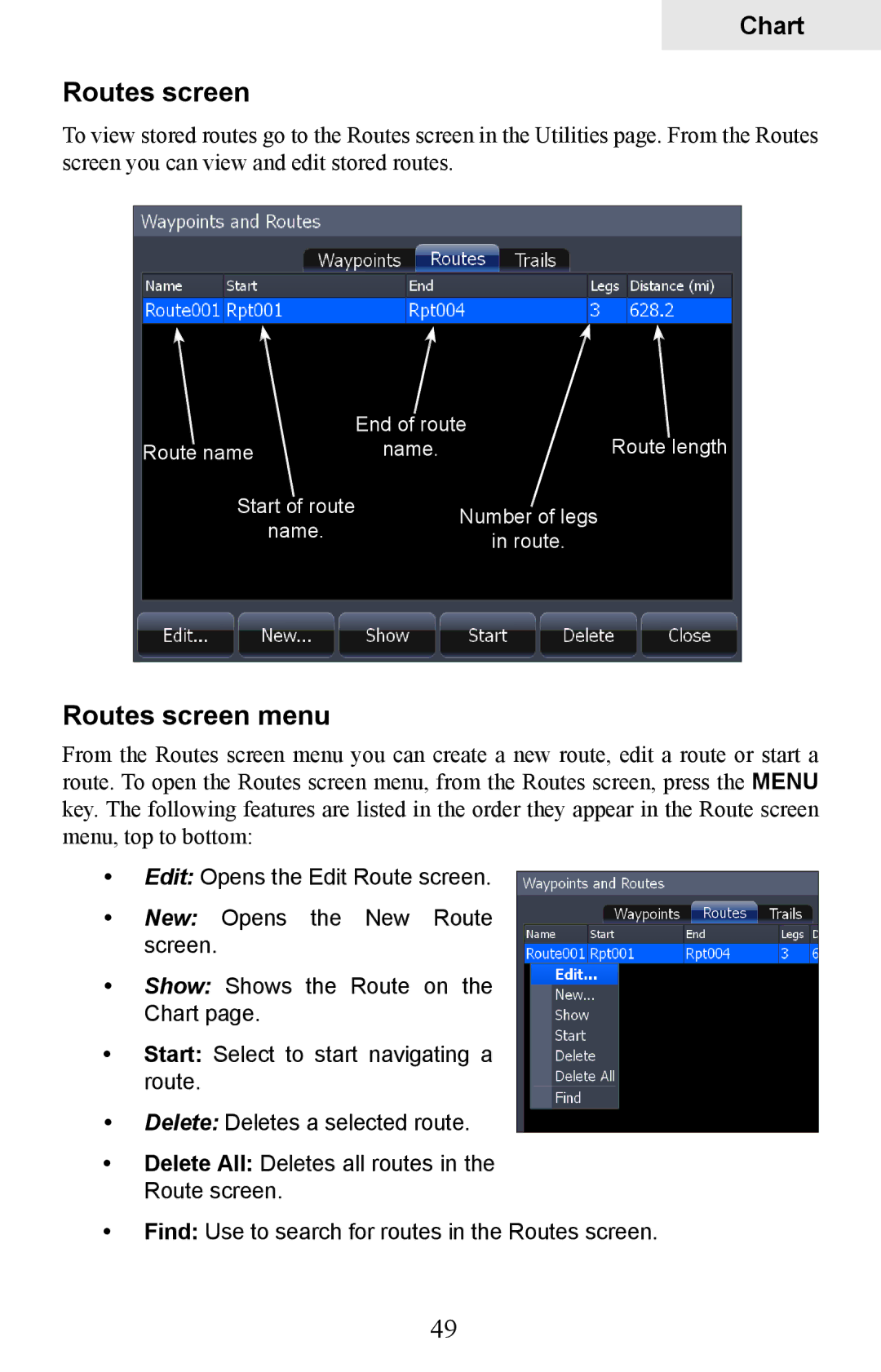 Lowrance electronic HDS-5, HDS-7 manual Routes screen menu 