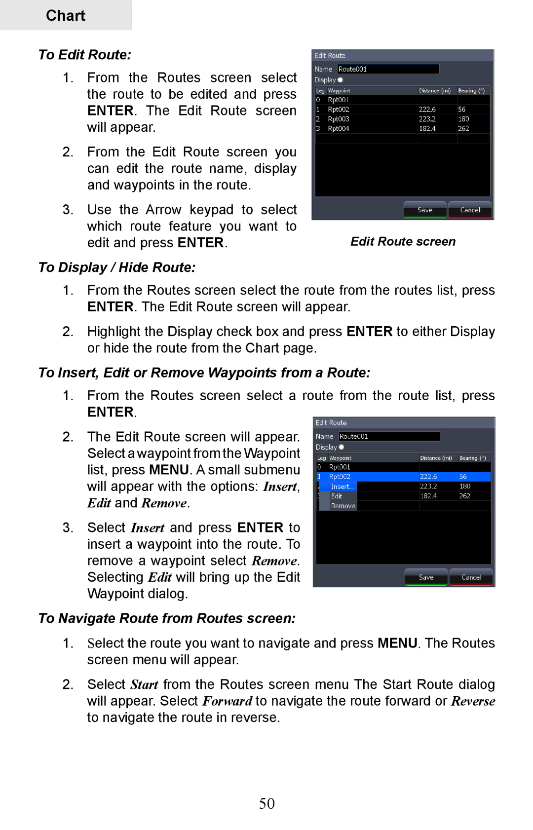 Lowrance electronic HDS-7, HDS-5 To Edit Route, To Display / Hide Route, To Insert, Edit or Remove Waypoints from a Route 