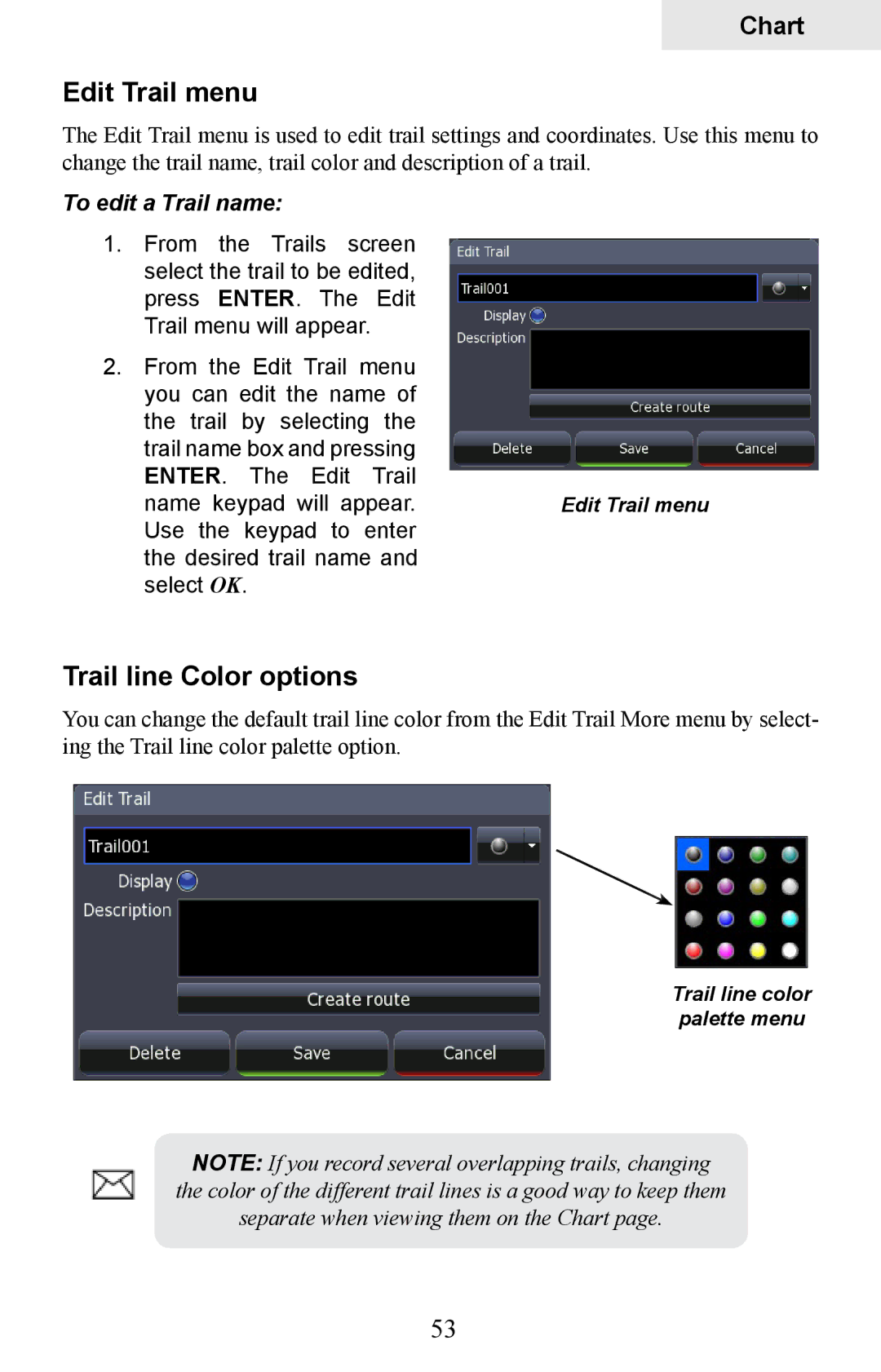 Lowrance electronic HDS-5, HDS-7 manual Edit Trail menu, Trail line Color options, To edit a Trail name 