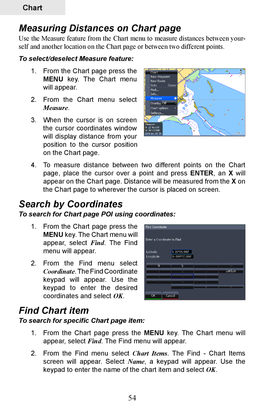 Lowrance electronic HDS-7, HDS-5 manual Measuring Distances on Chart, Search by Coordinates, Find Chart item 